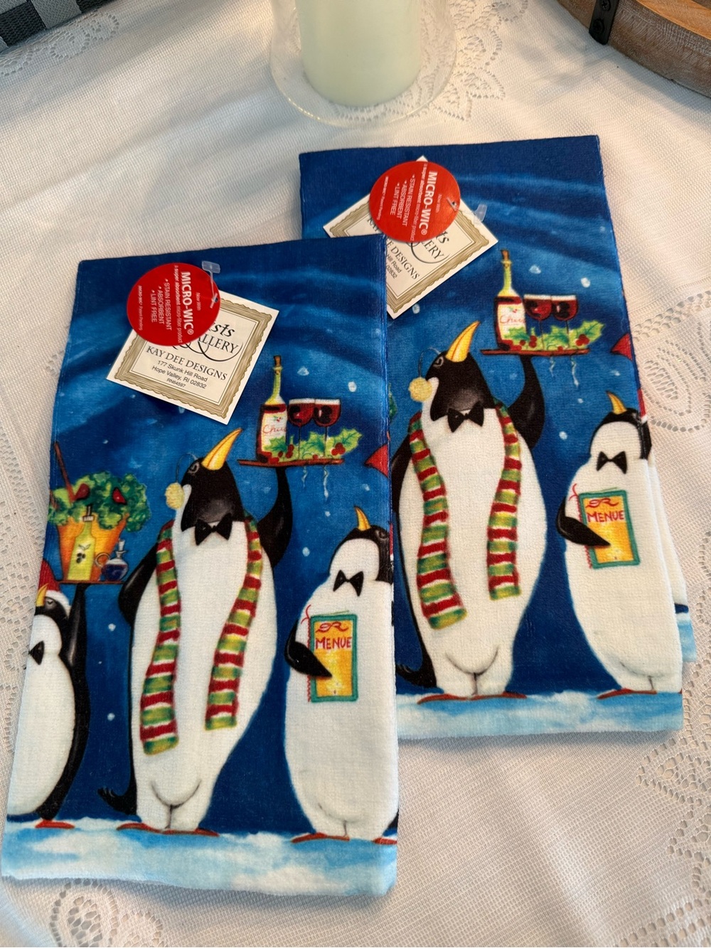 Pair Christmas Penguin Dishtowels NWT